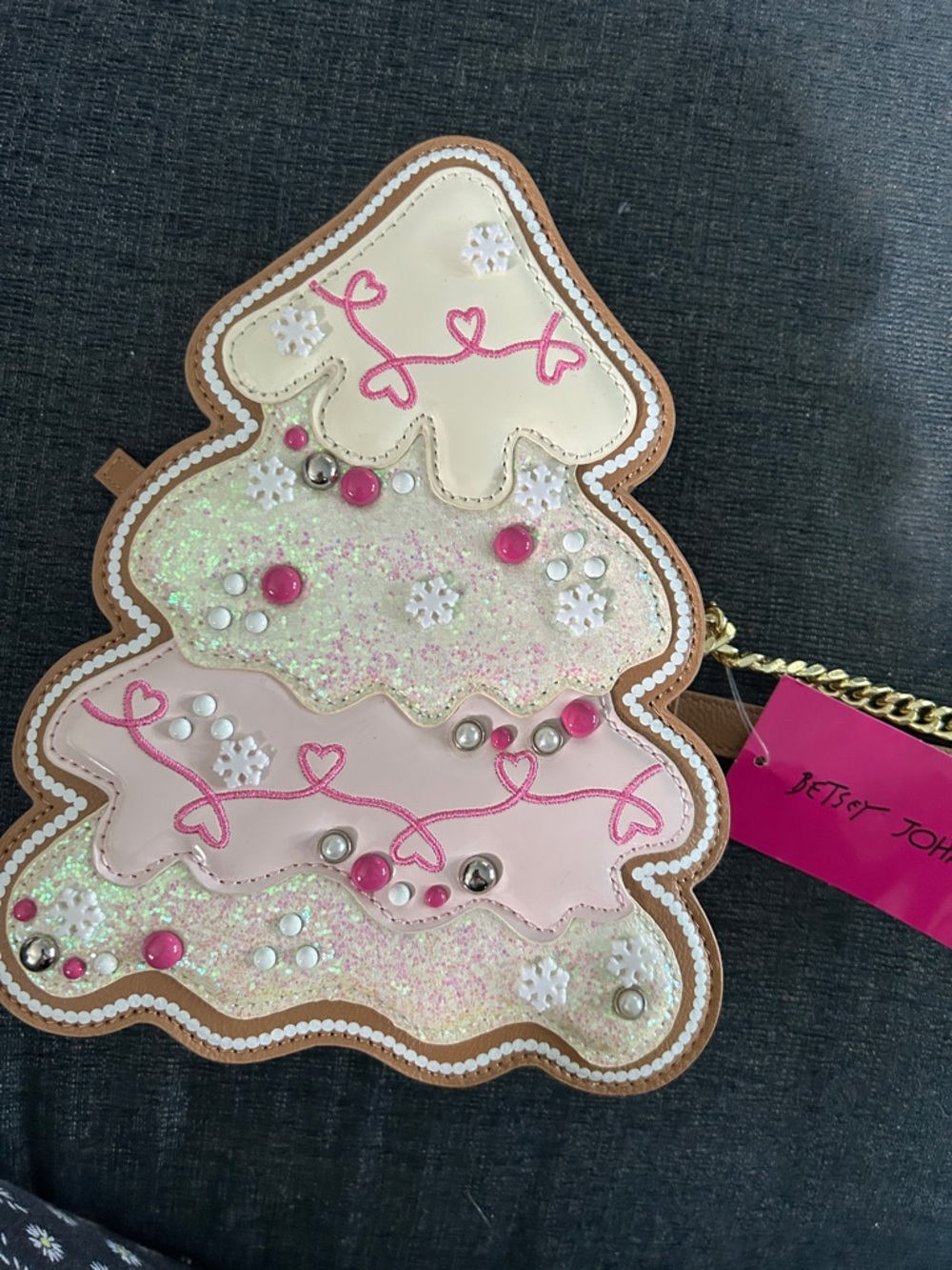 Betsey Johnson Pink Multi Christmas Tree Crossbody with Gold Chain